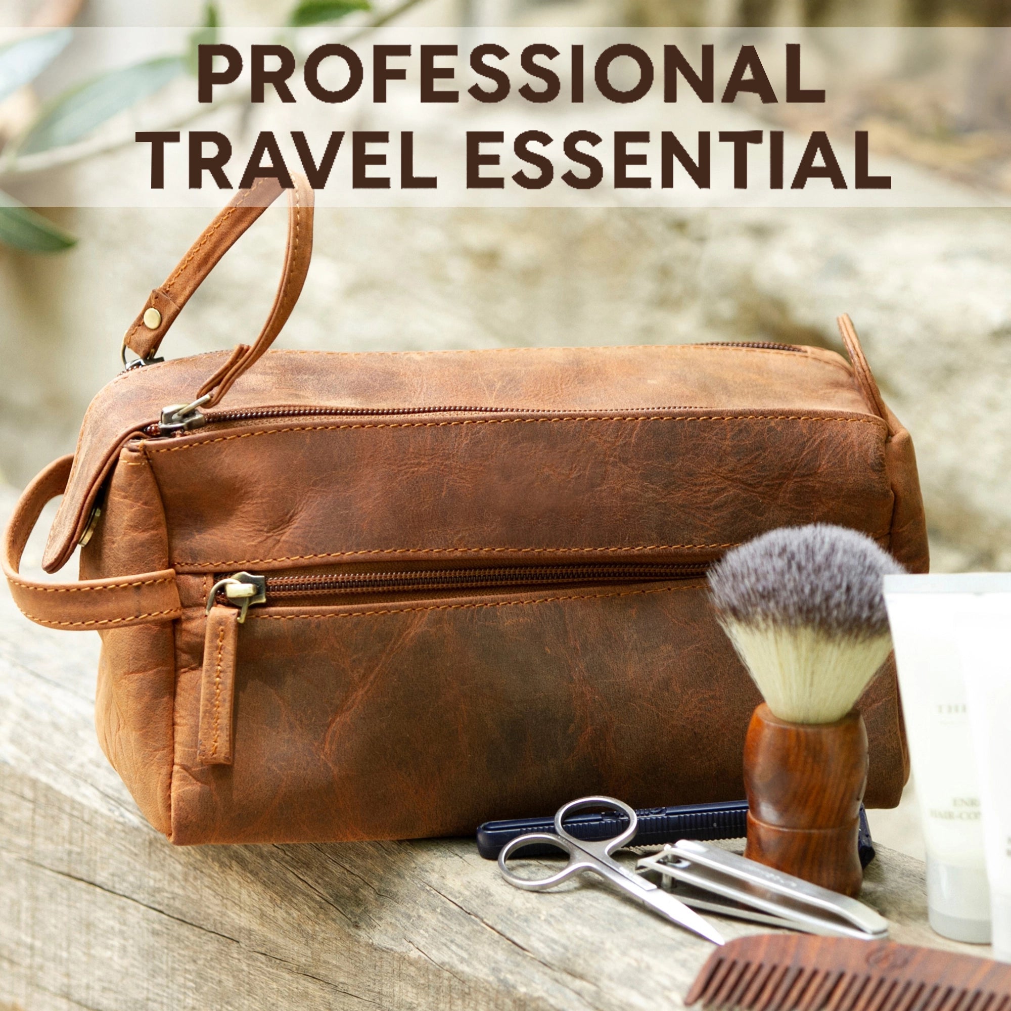 Full-Grain Leather Travel Toiletry Bag (Brown)