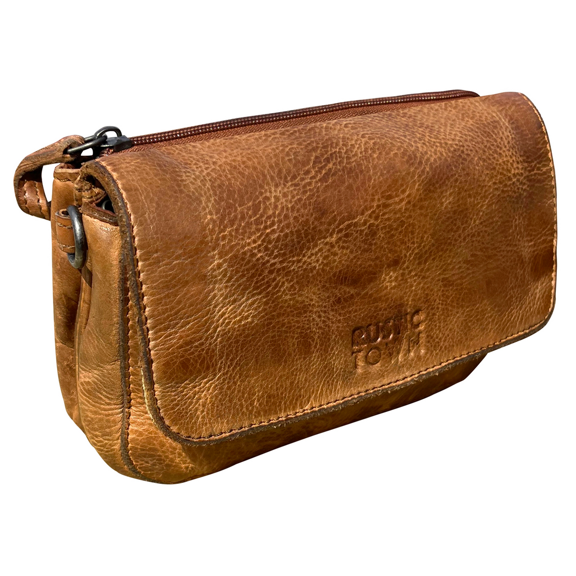 Leather Wallet Travel Purse Waist Bag for Women Cognac Rustic Town