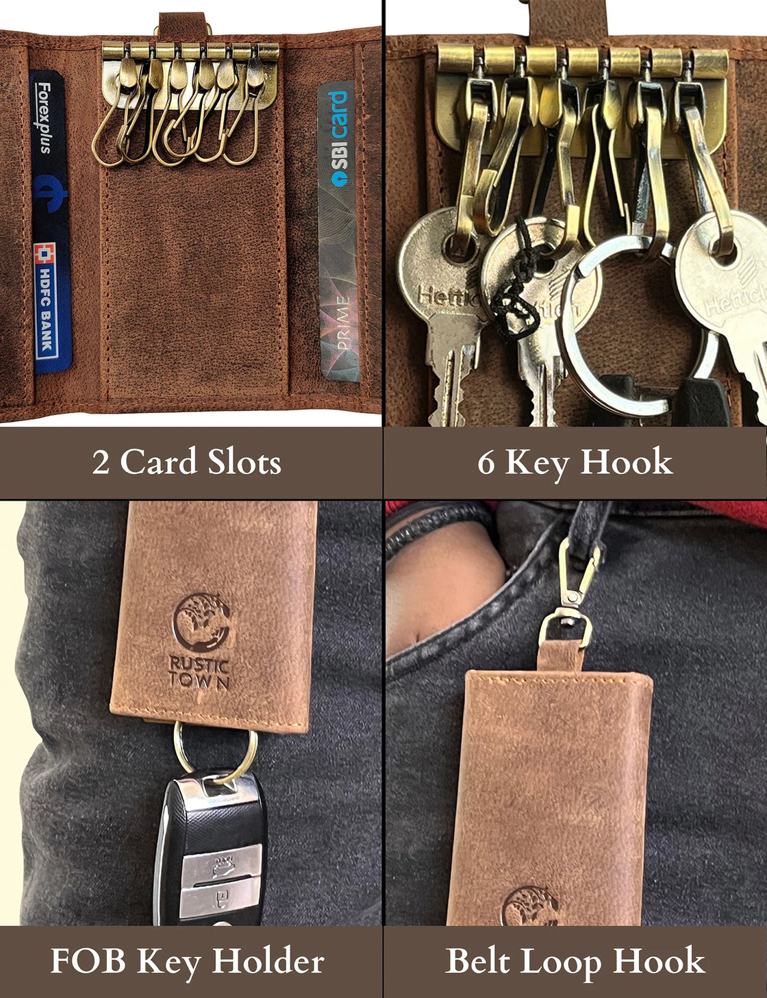 Leather Key Holder Smart Fob Car Key Loop Slim Keychain (Dark Brown)