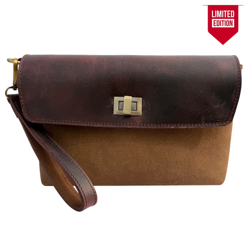 Full-Grain Leather & Suede Wristlet Travel Clutch Purse for Women