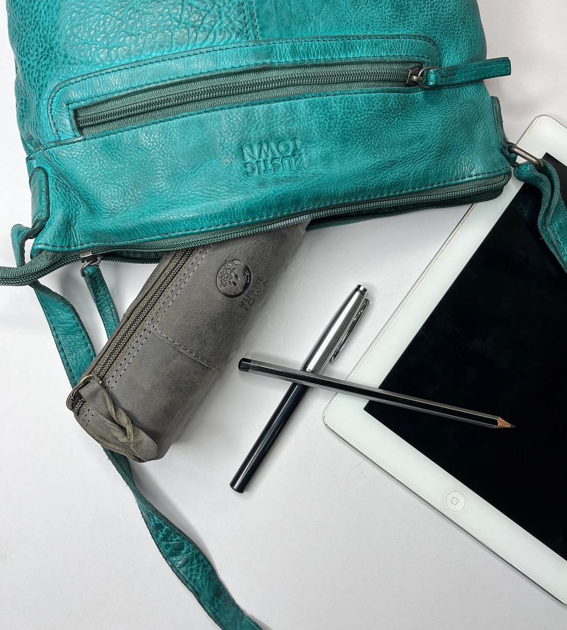Winnie Leather Zipper Pen Pencil Case (Grey-Evening Blue)