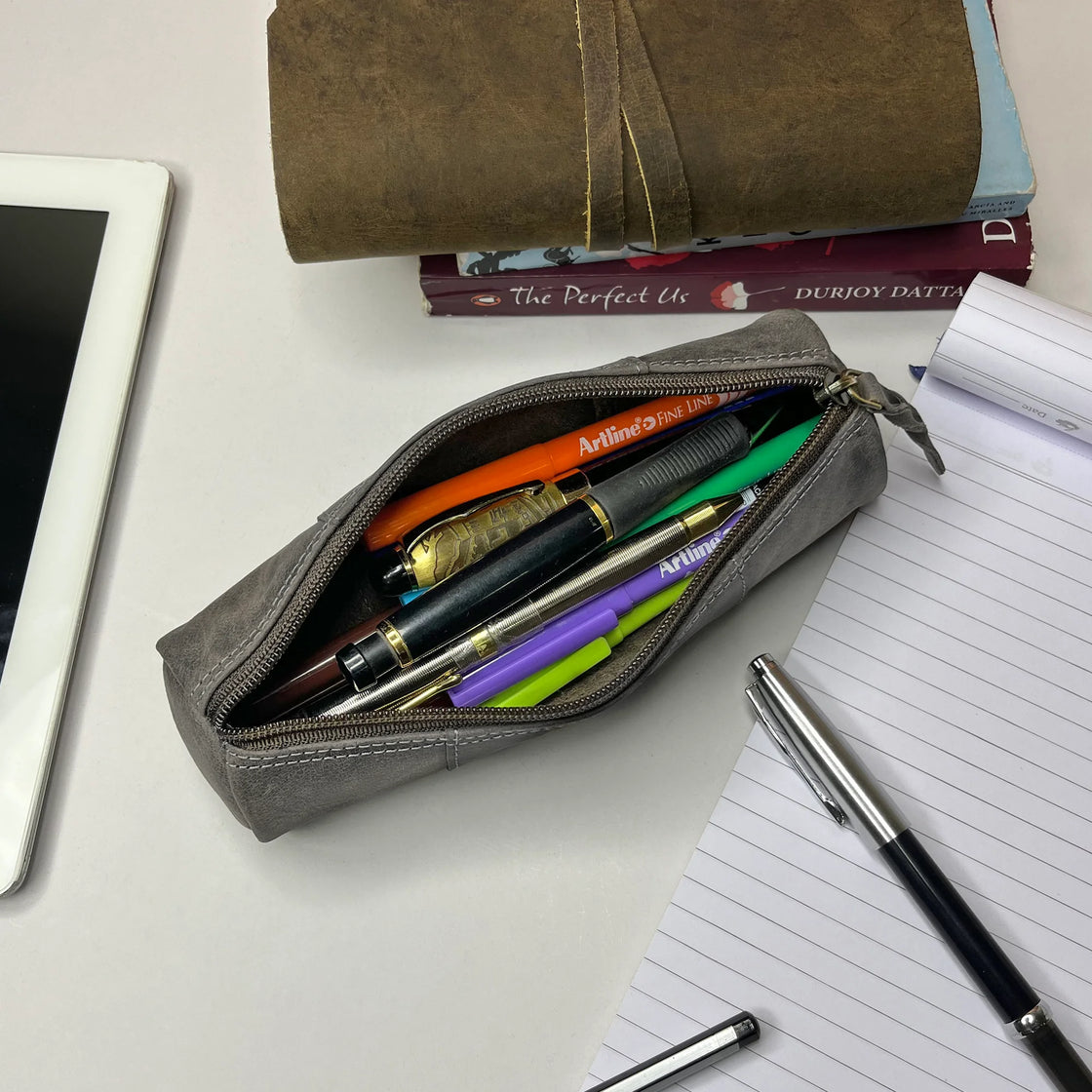 Winnie Leather Zipper Pen Pencil Case (Grey-Evening Blue)