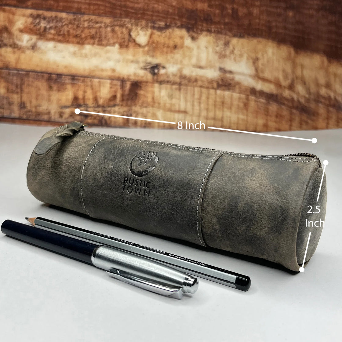 Tom Leather Pencil Case - Zippered Pen Pouch for School, Work & Office  (Grey) – Rustic Town