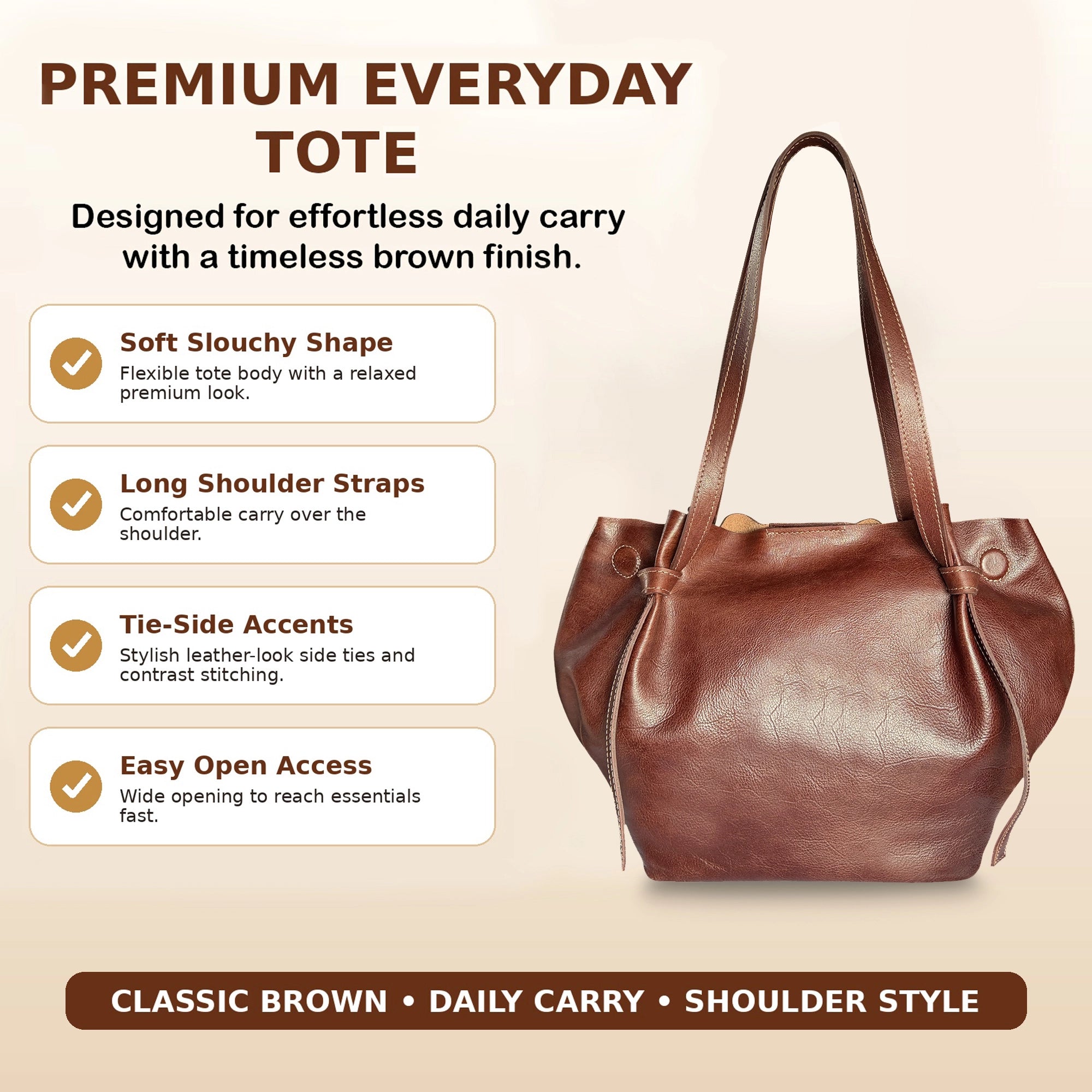 Full-Grain Leather Tote Bag for Women - Slouchy Shoulder Handbag