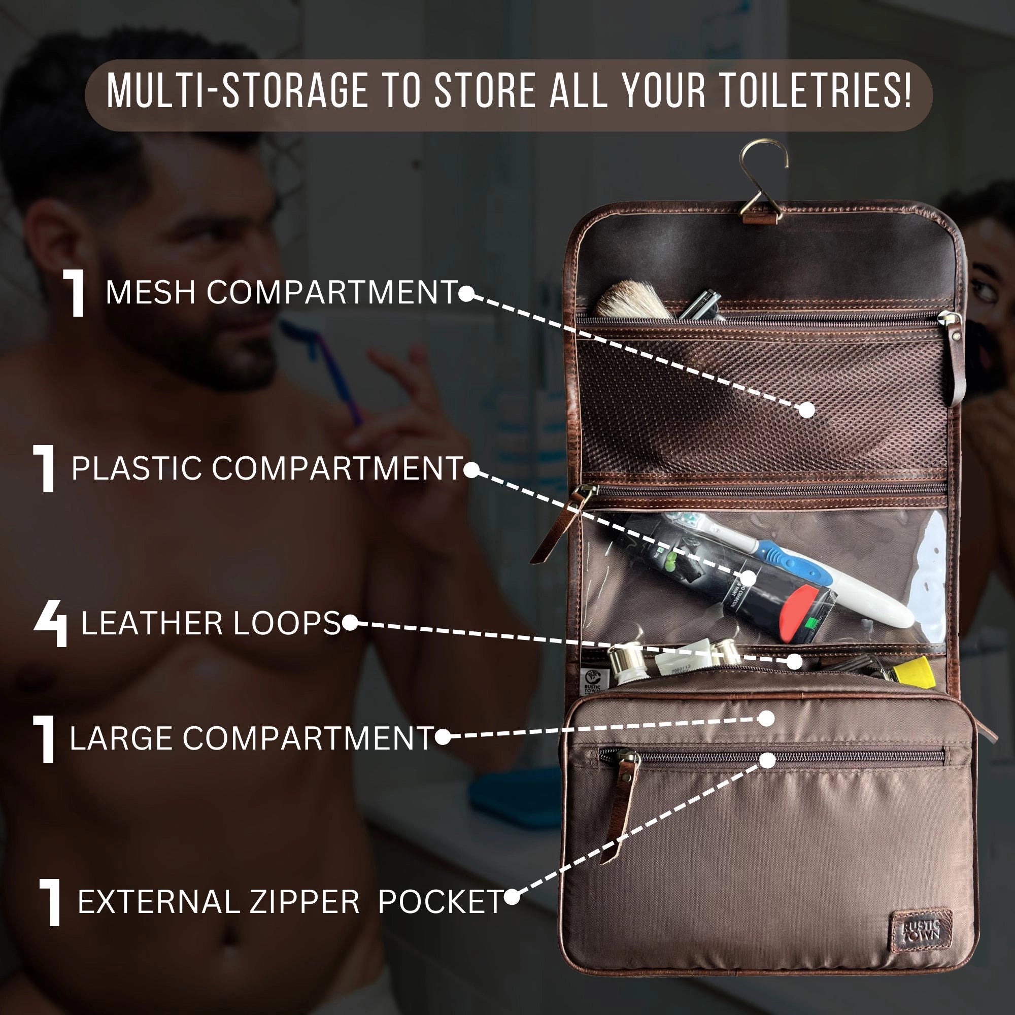 Leather Hanging Toiletry Bag for Men & Women