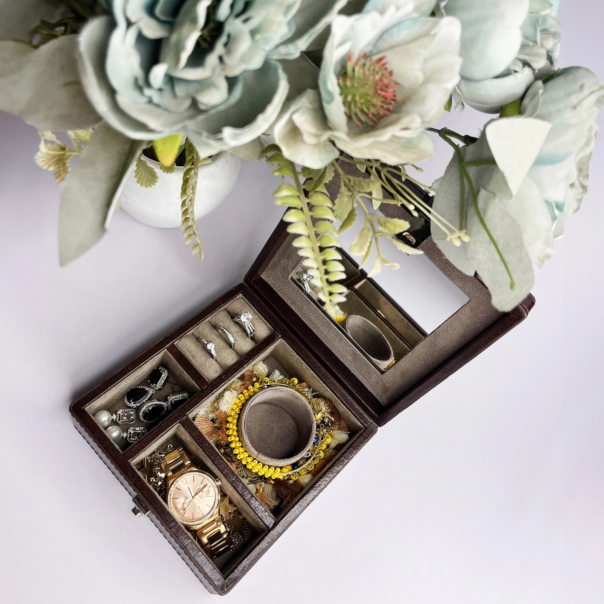 Leather Jewelry Box - Rings & Necklaces Organizer (Brown)