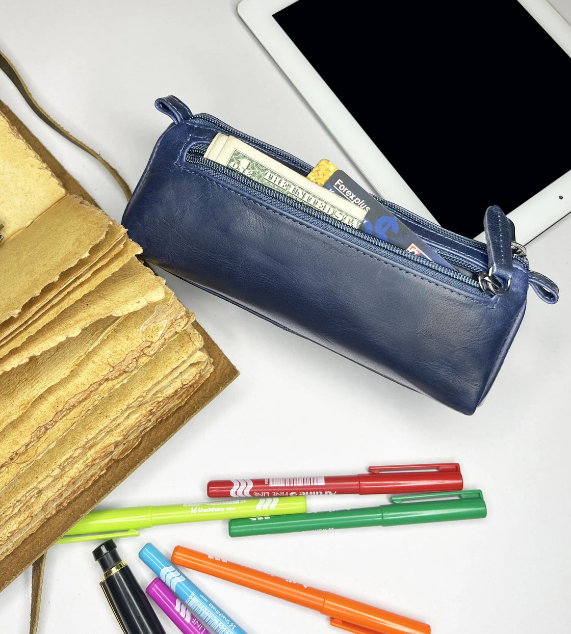Tom Leather Pencil Case - Zippered Pen Pouch (Royal Blue)