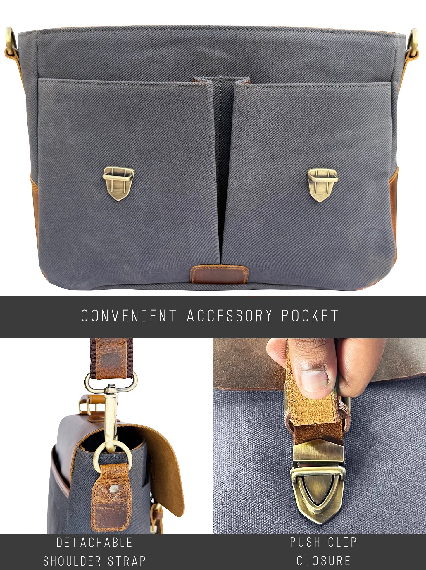 Rover Leather Canvas Messenger Bag Briefcase Laptop Bag (Dark Grey)