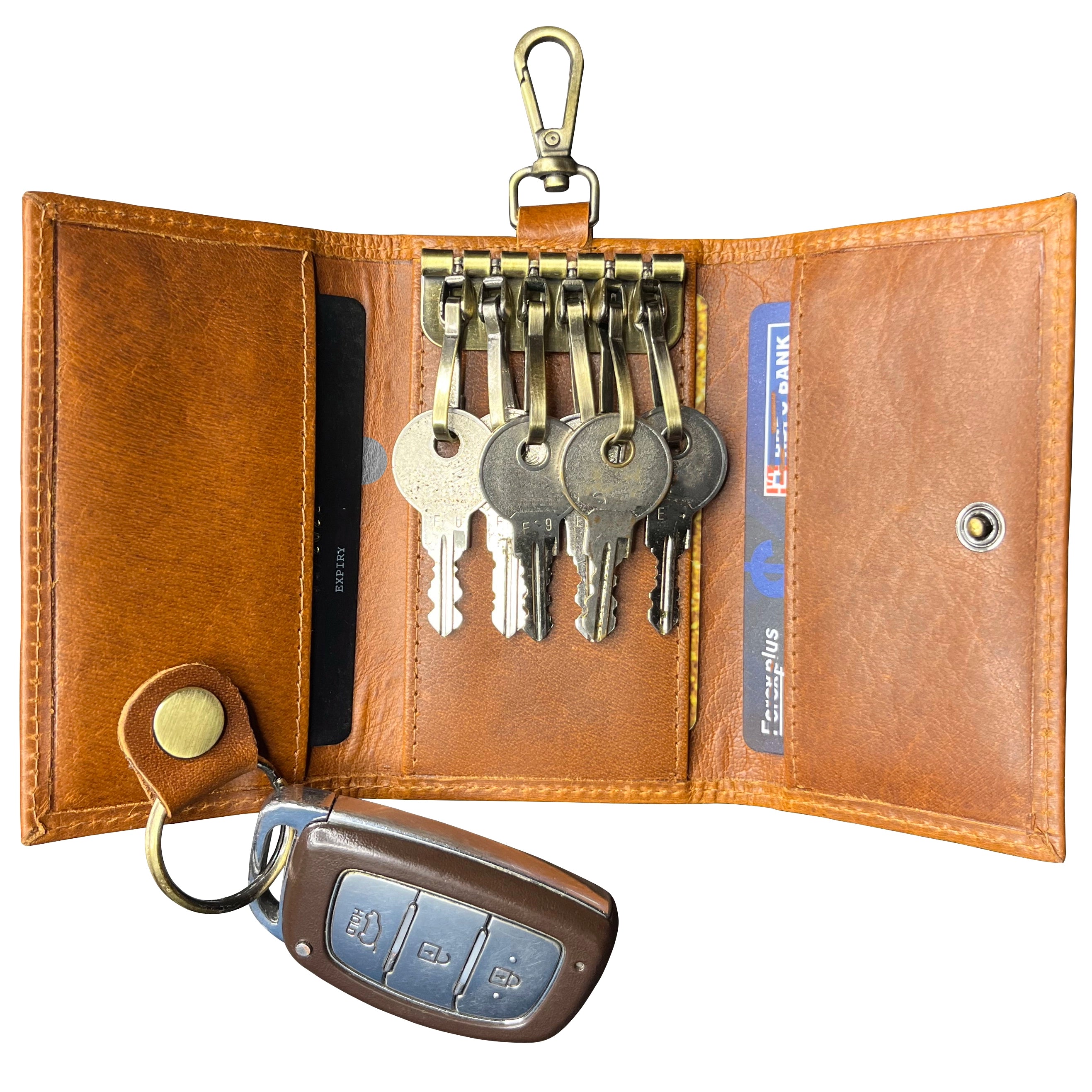 Leather Key Holder Smart Fob Car Key Loop Slim Keychain (Cognac)