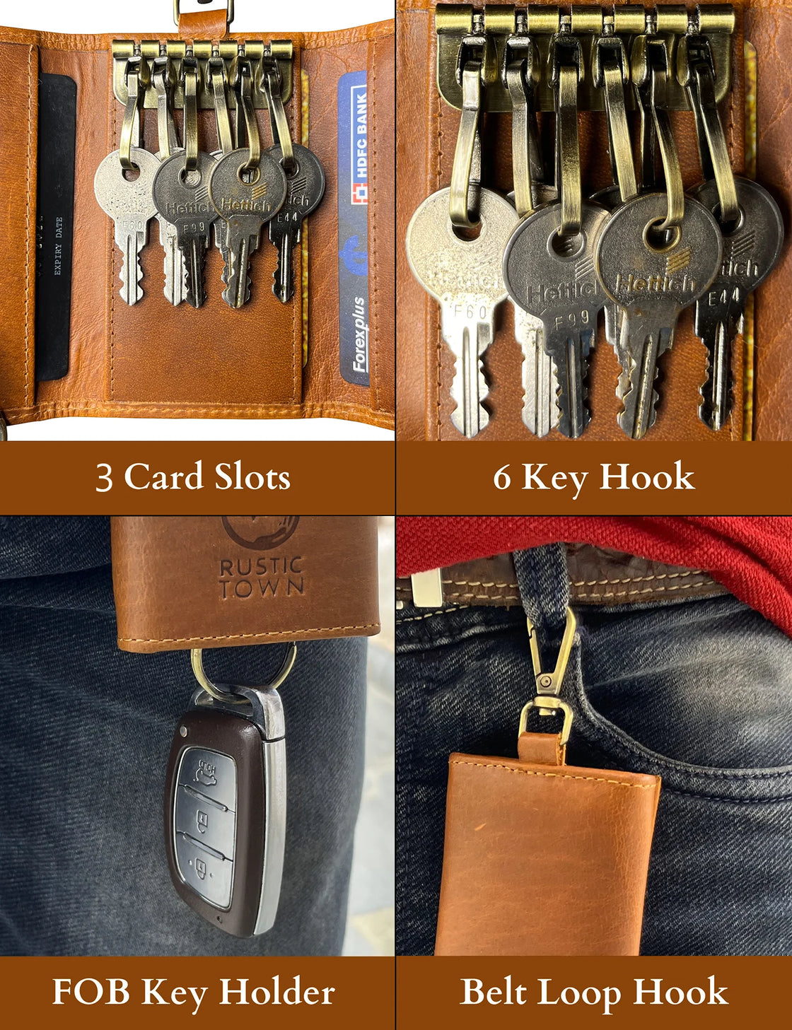 Leather Key Pouch Wallet Slim Keychain with 6 Key Holder Rustic Town