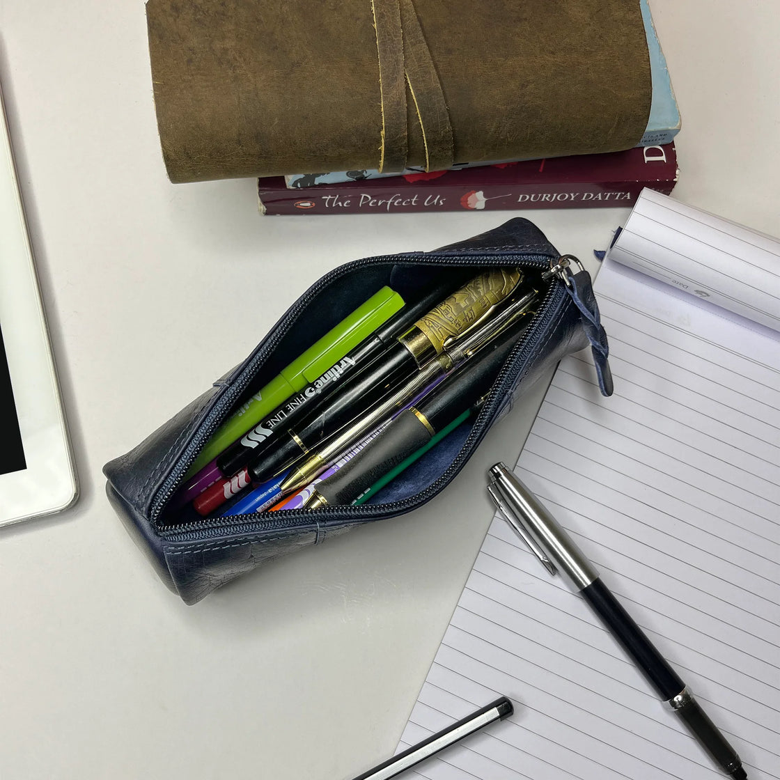 Winnie Leather Zipper Pen Pencil Case (Royal Blue)