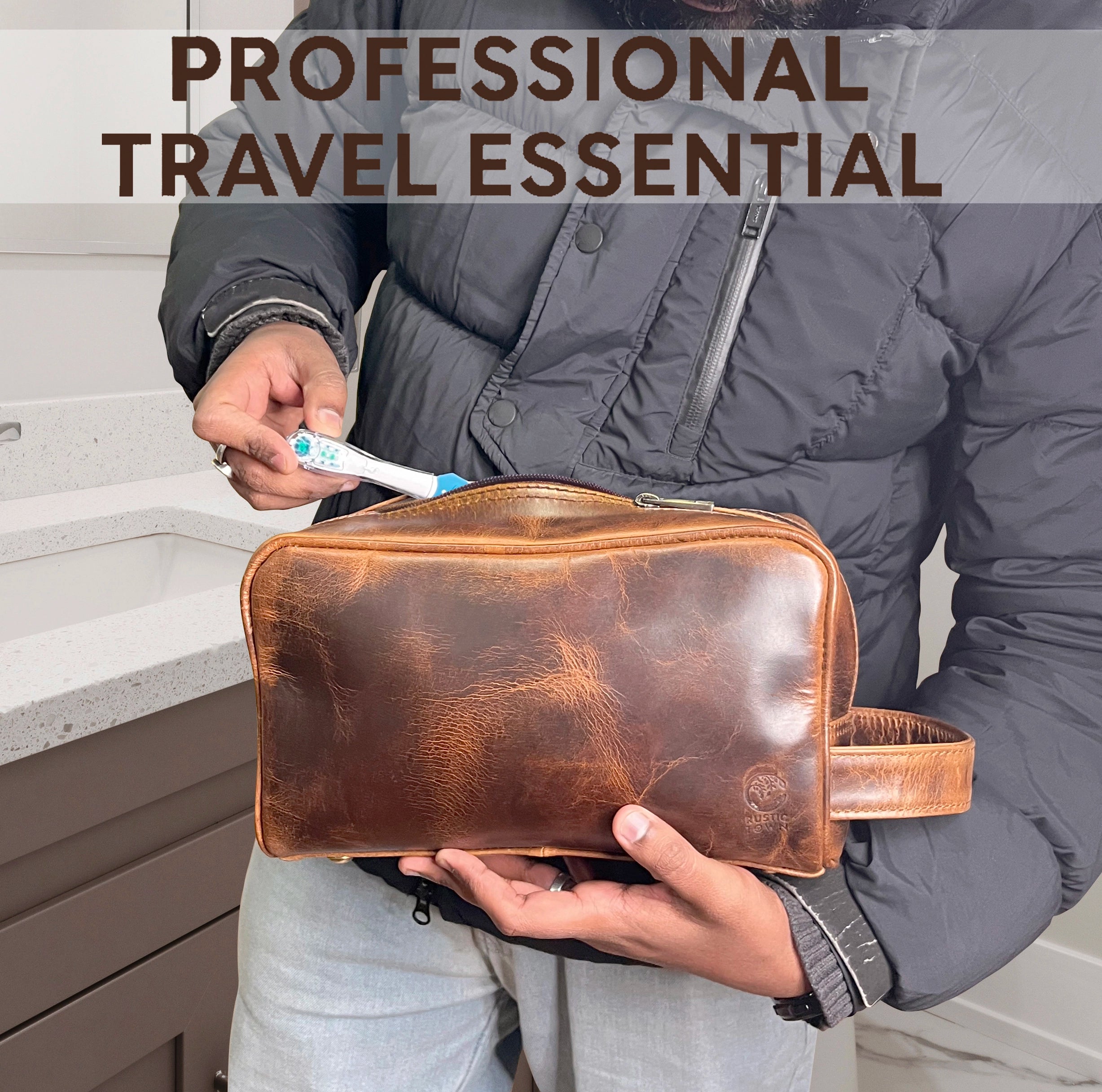 Johnny Leather Travel Toiletry Bag for Men (Antique Brown)