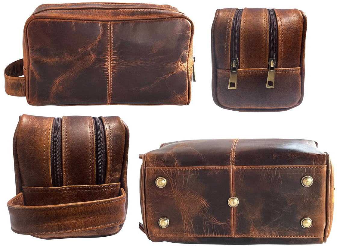 Johnny Leather Travel Toiletry Bag for Men (Antique Brown)
