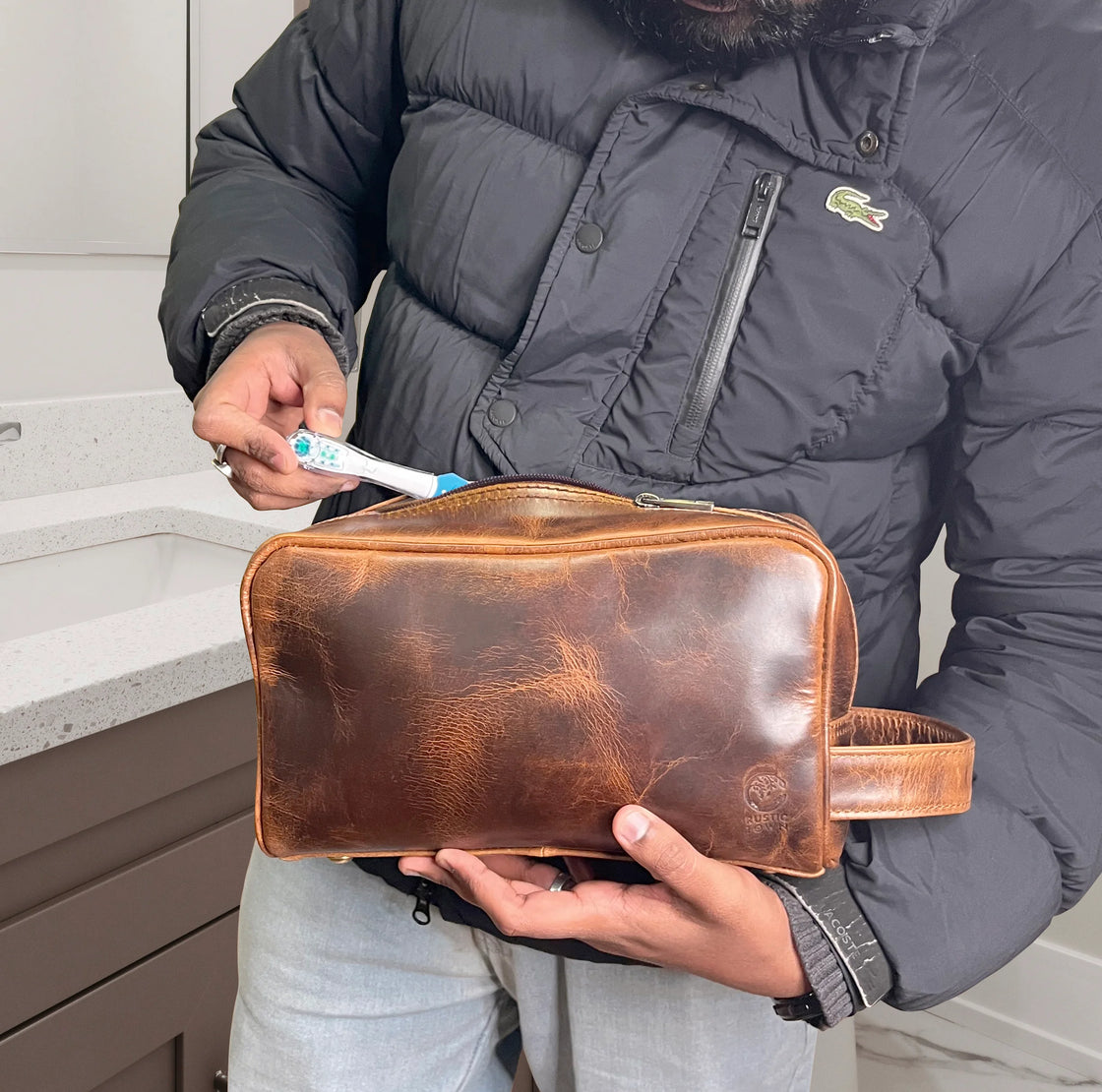 Johnny Leather Travel Toiletry Bag for Men Antique Brown