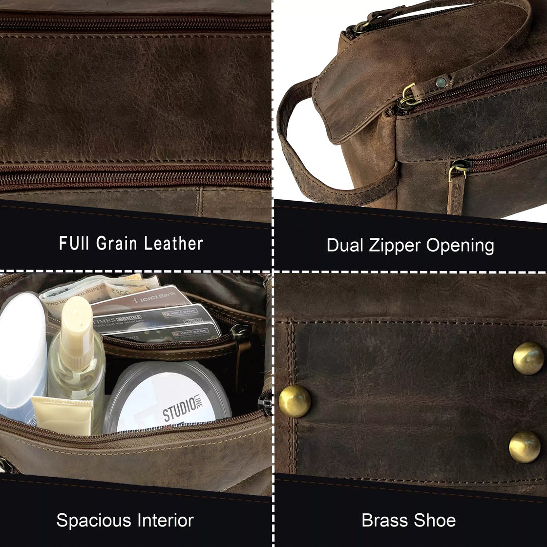Hugh Leather Travel Shaving Bag (Dark Brown)