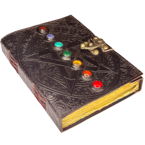 Leather Bound Journal - Vintage 7 Stone Journal with Lock - Book of Shadow Handmade Antique Deckle Edge Paper