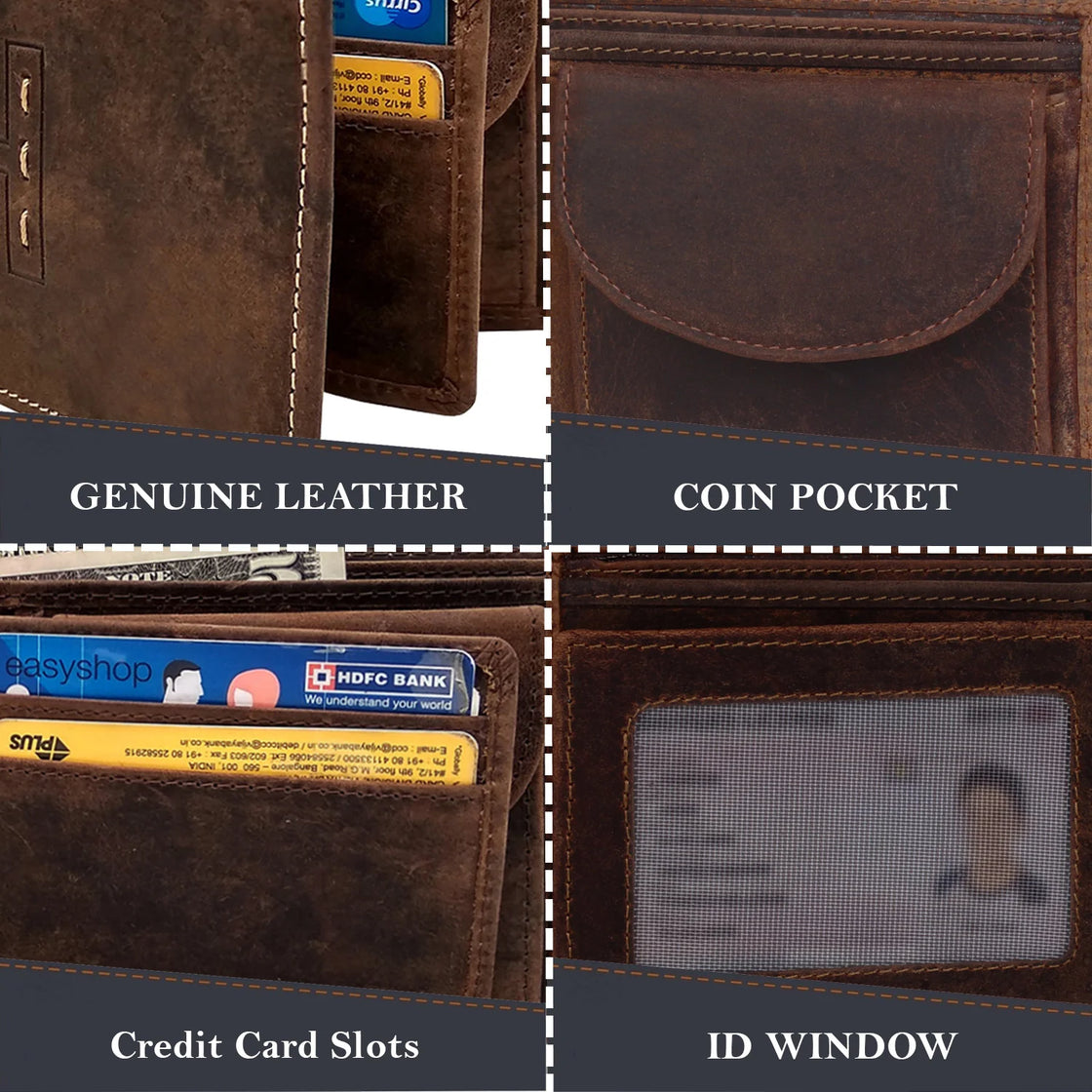 RUSTIC TOWN Mens Wallets - Genuine Leather RFID Wallet for Men with ID Window, Card Slots and Coin Pocket (Large, Dark Brown)