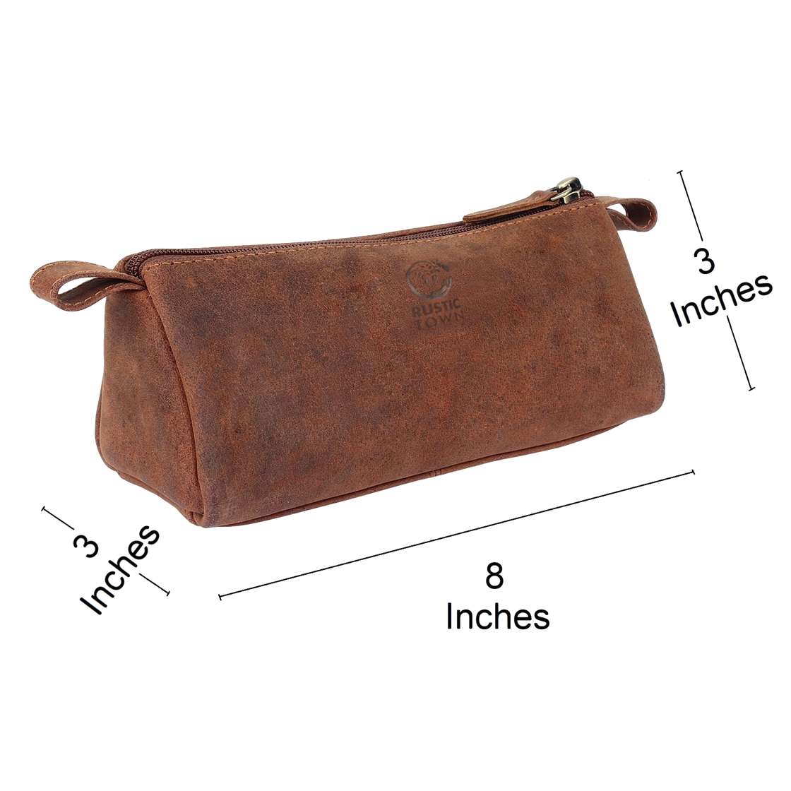 RUSTIC TOWN Leather Pencil Pouch - Zippered Pen Case for Work & Office ( Brown)