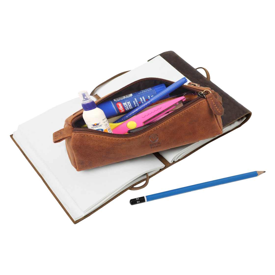 Tom Leather Pencil Case - Zippered Pen Pouch for School, Work & Office ( Brown) – Rustic Town
