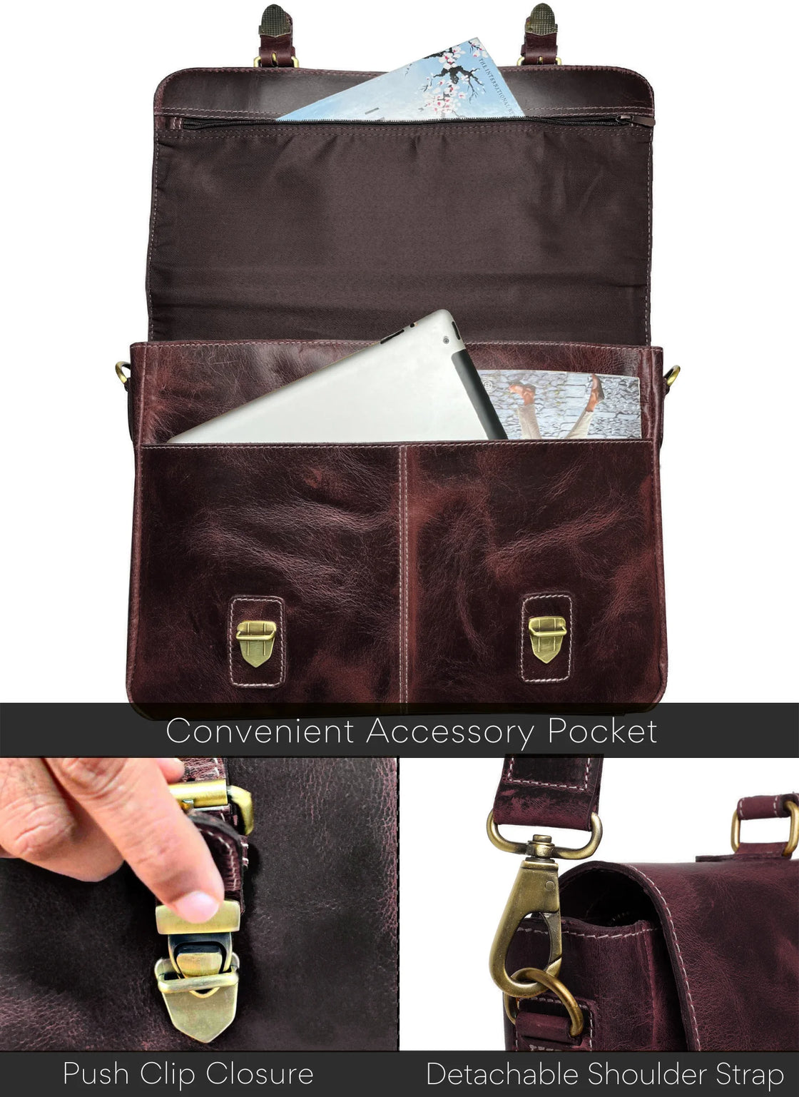 LEATHER BAG - Thin Pocket Briefcase, Journal Bag, Notebook Case, Satchel,  Zipper