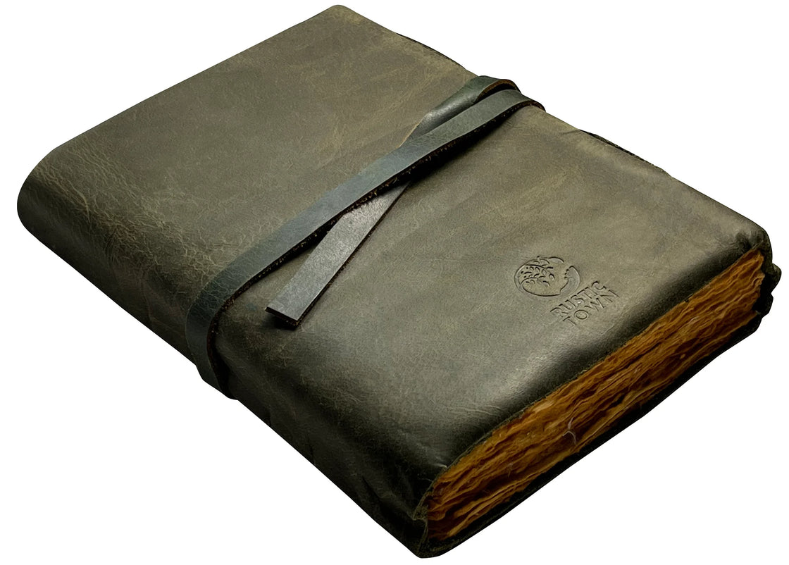 Leather Bound Journal - A5 Handmade Antique Deckle Edge Paper, Olive