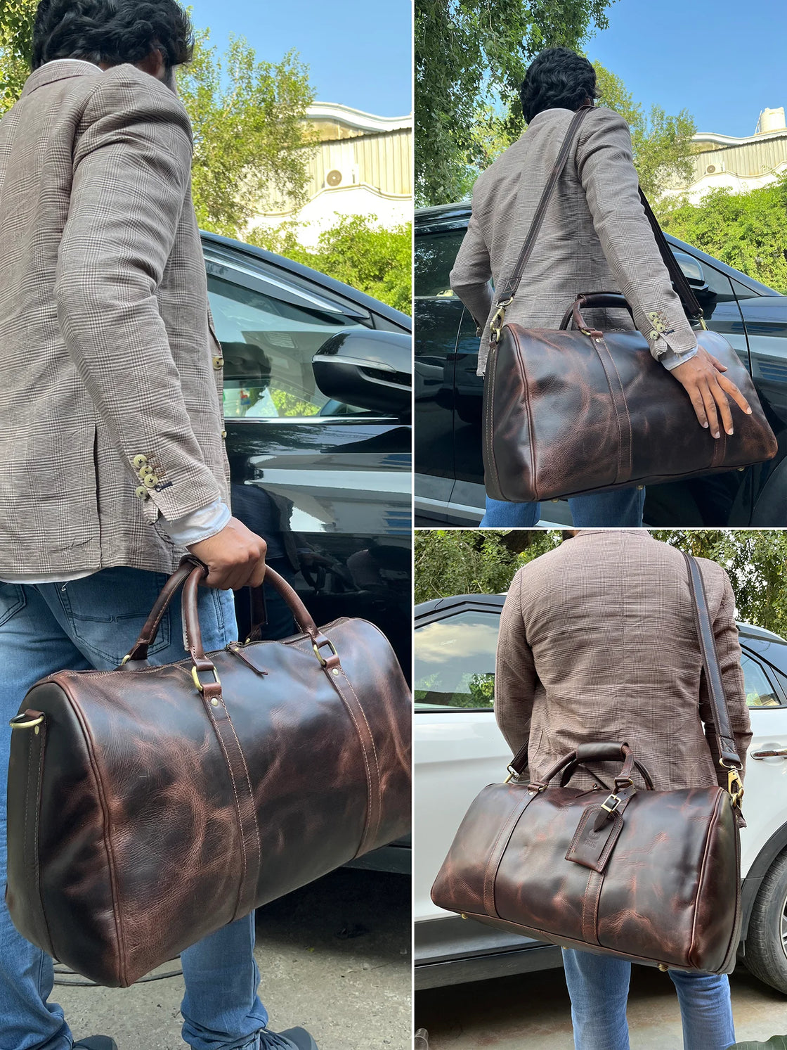 New 24 Genuine Leather Duffle Bag, Men Overnight Carry-On Travel Luggage  Gym