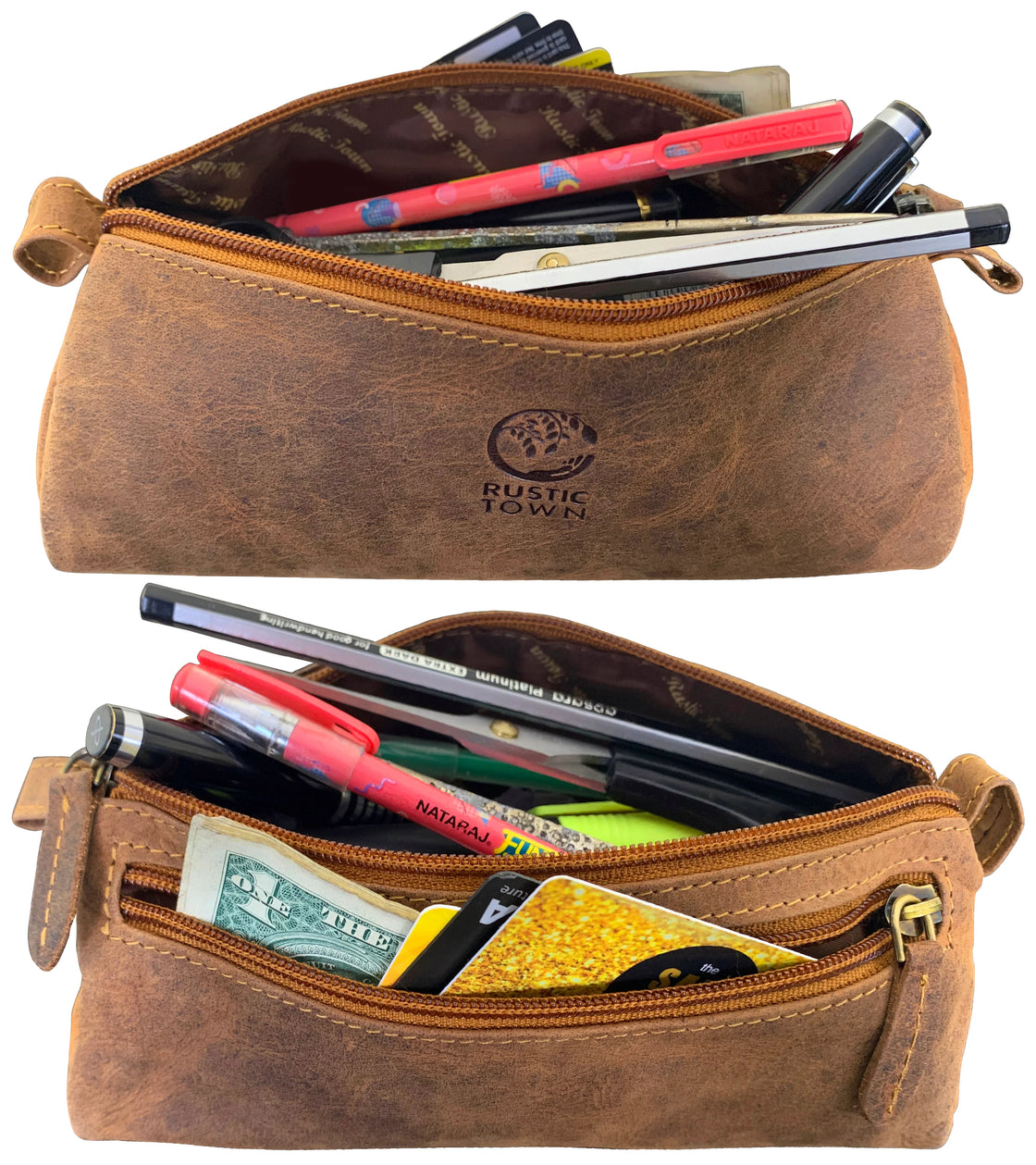 Tom Leather Pencil Case - Zippered Pen Pouch (Brown)