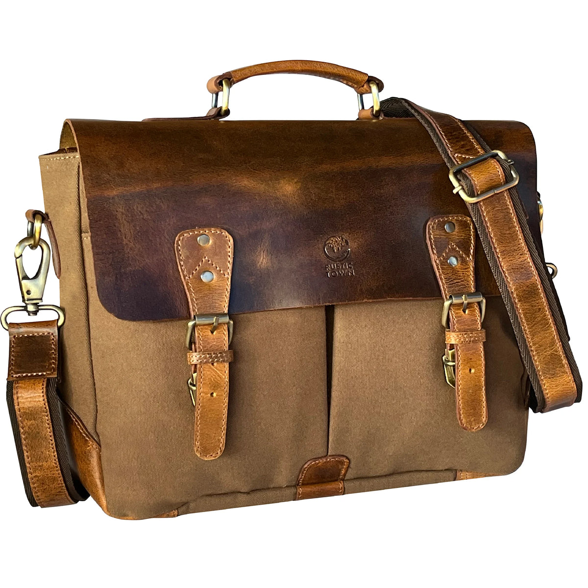 Retro Style Leather Canvas Messenger Bag Briefcase Laptop Bag (Olive G ...