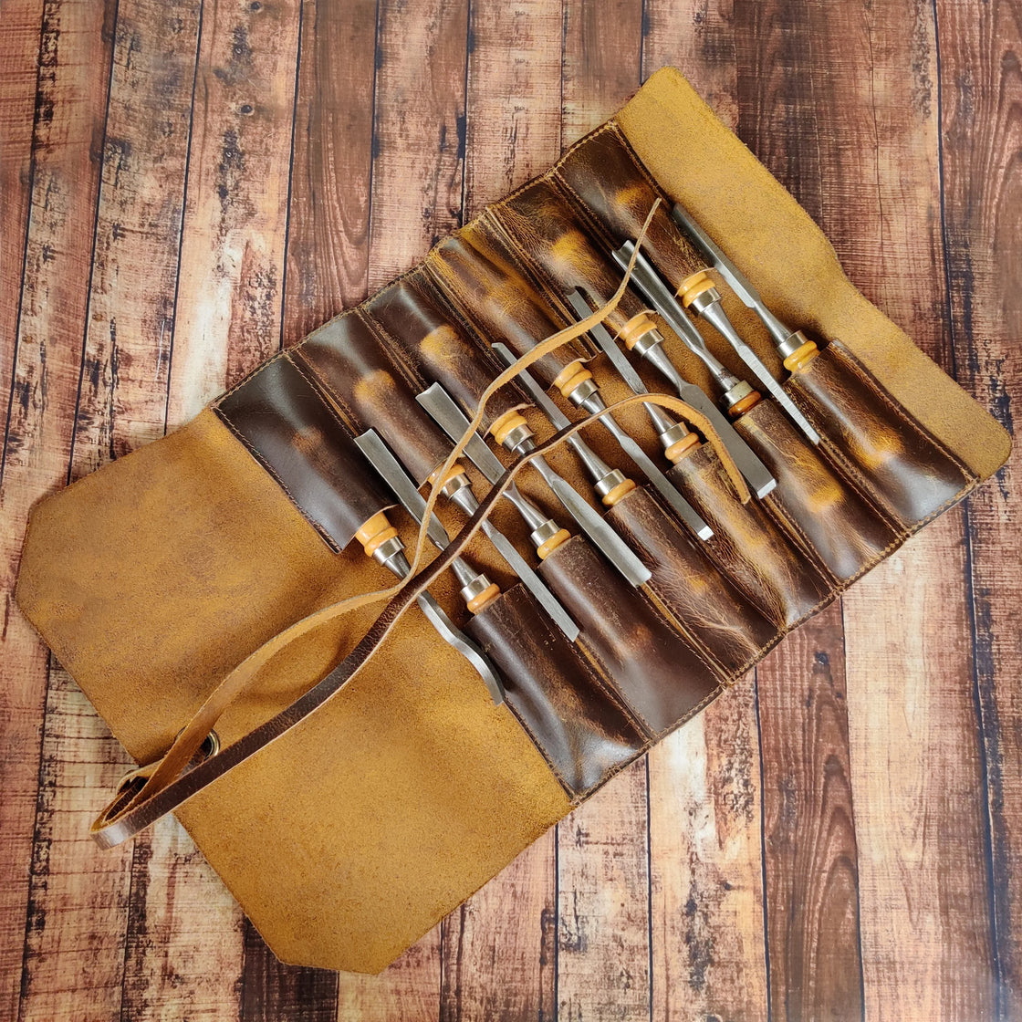 Full Grain Leather Tool Roll Up Pouch- Handcrafted Tool Kit (10