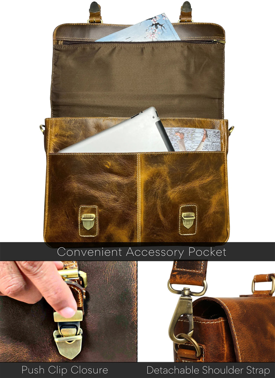 Predator 16" Leather Briefcase Laptop Messenger Bag (Antique Brown)