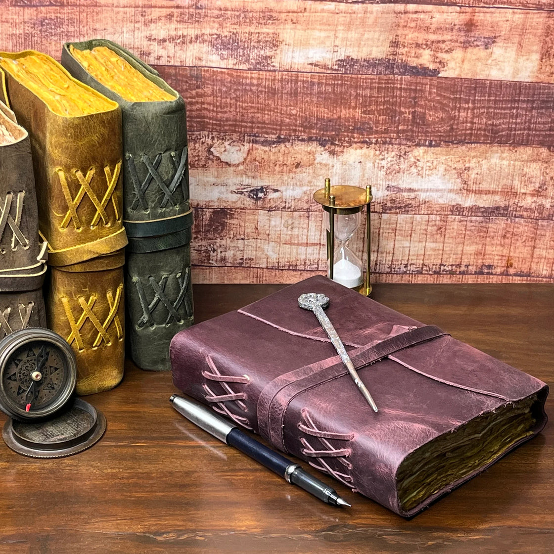 Leather Bound Journal - A5 Handmade Antique Deckle Edge Paper, Mauve