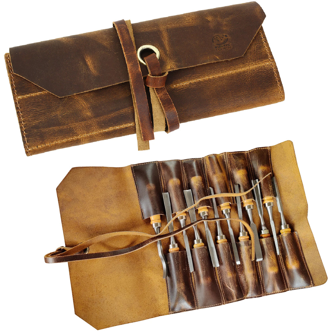 Full Grain Leather Tool Roll Up Pouch- Handcrafted Tool Kit (12 Slots) –  Rustic Town