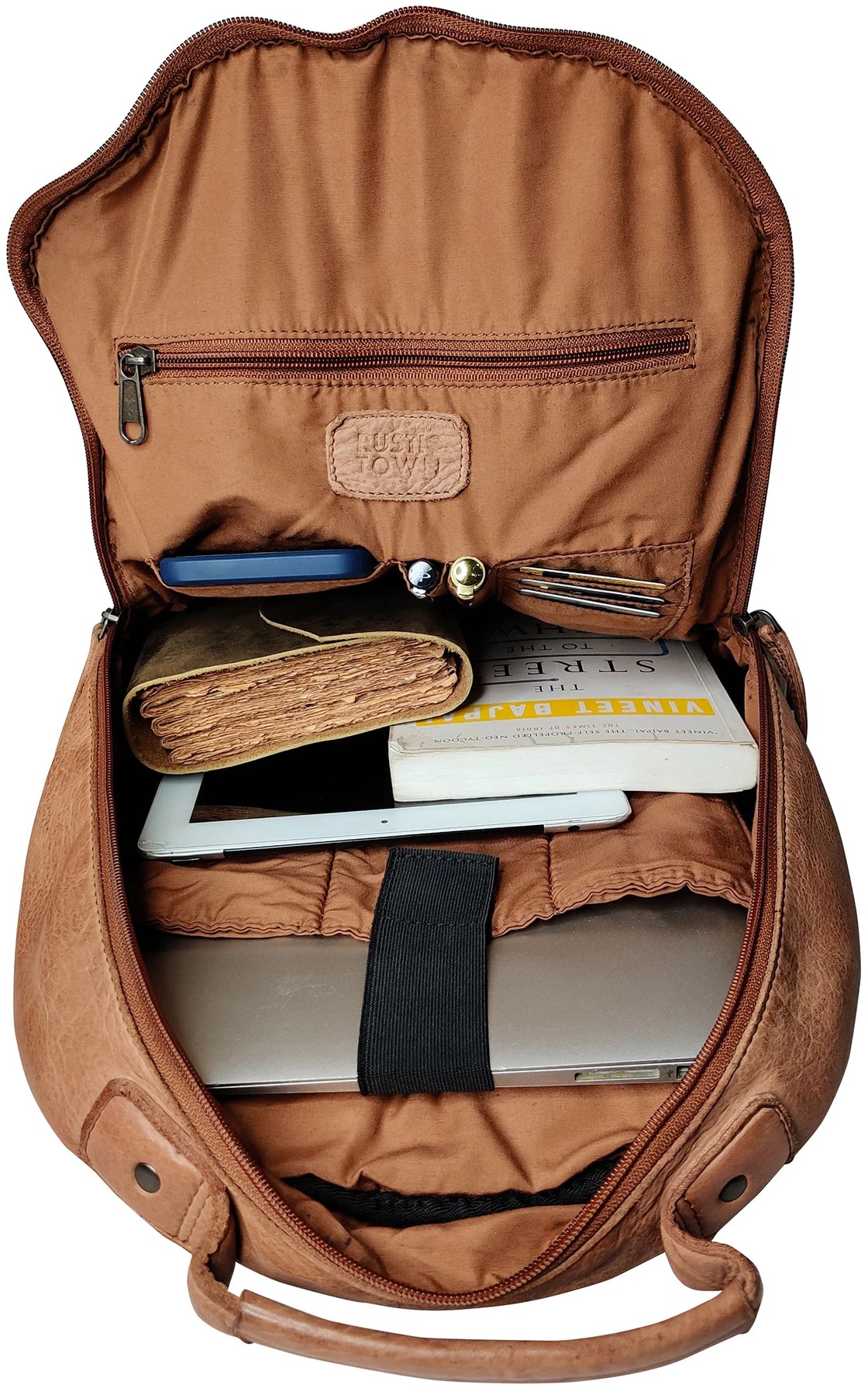 Leather Laptop Backpack for Women Cognac Rustic Town