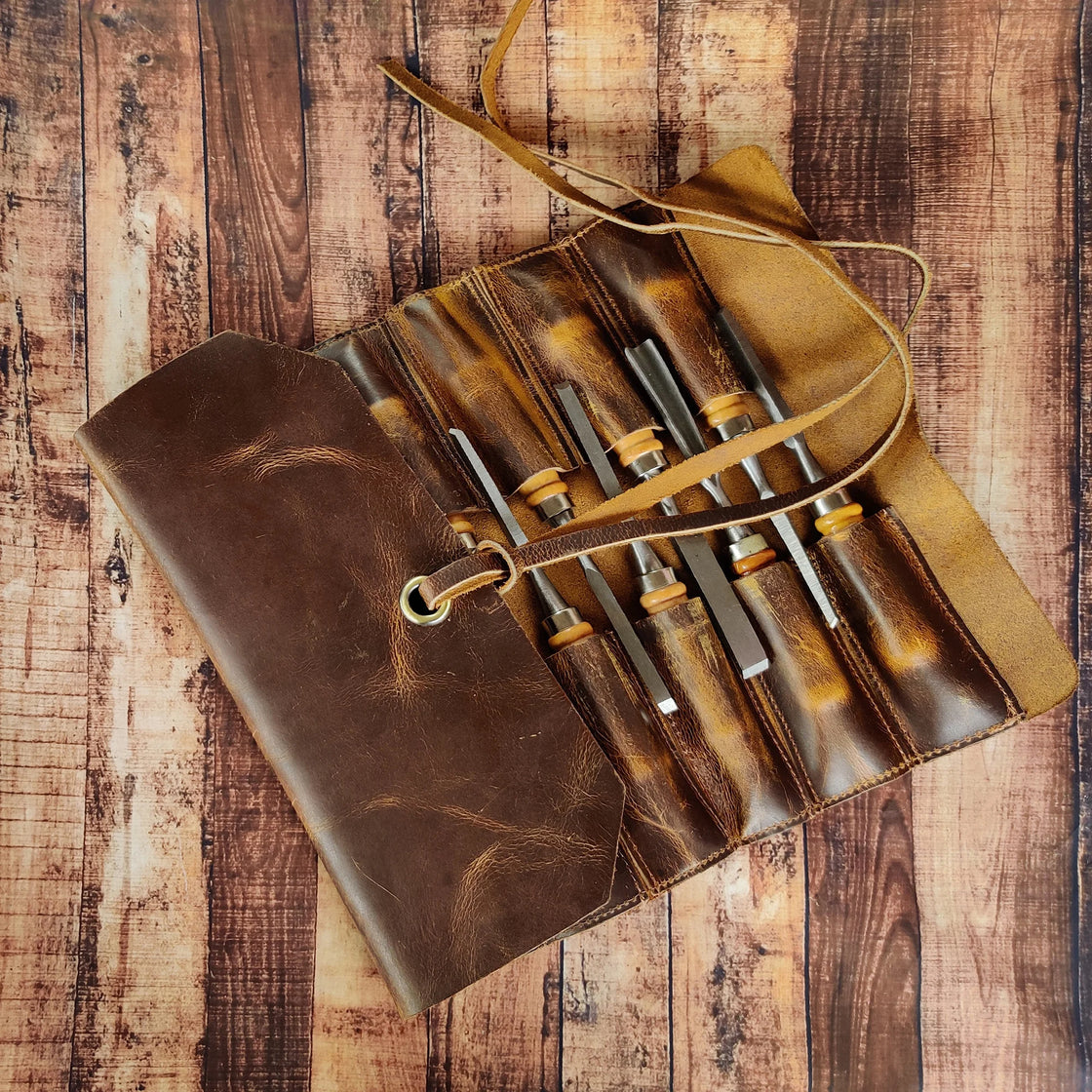 Full Grain Leather Tool Roll Up Pouch- Handcrafted Tool Kit (10