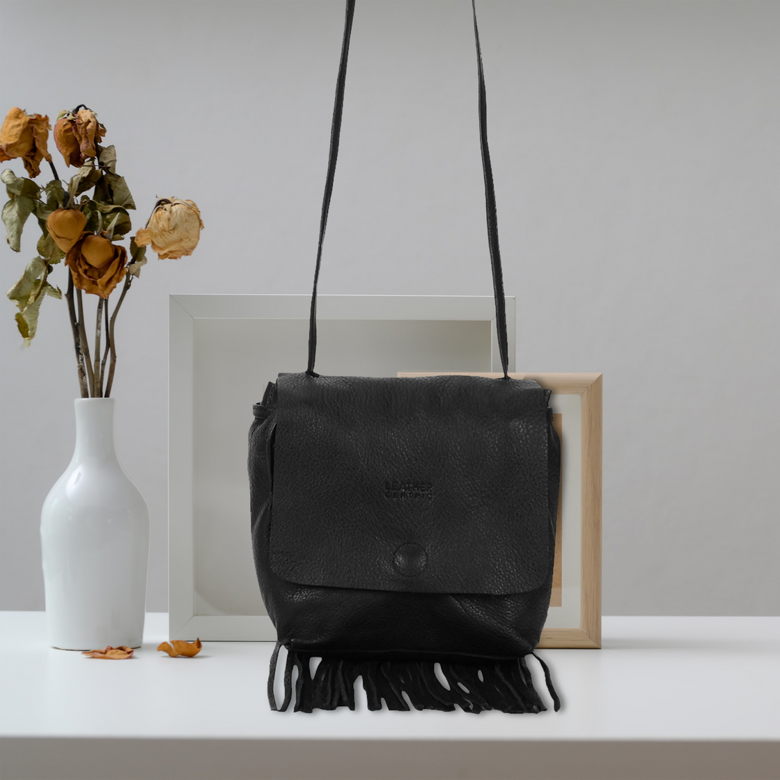 Leather Fringe Boho Crossbody Bag with Tassel for Women (Small, Black)