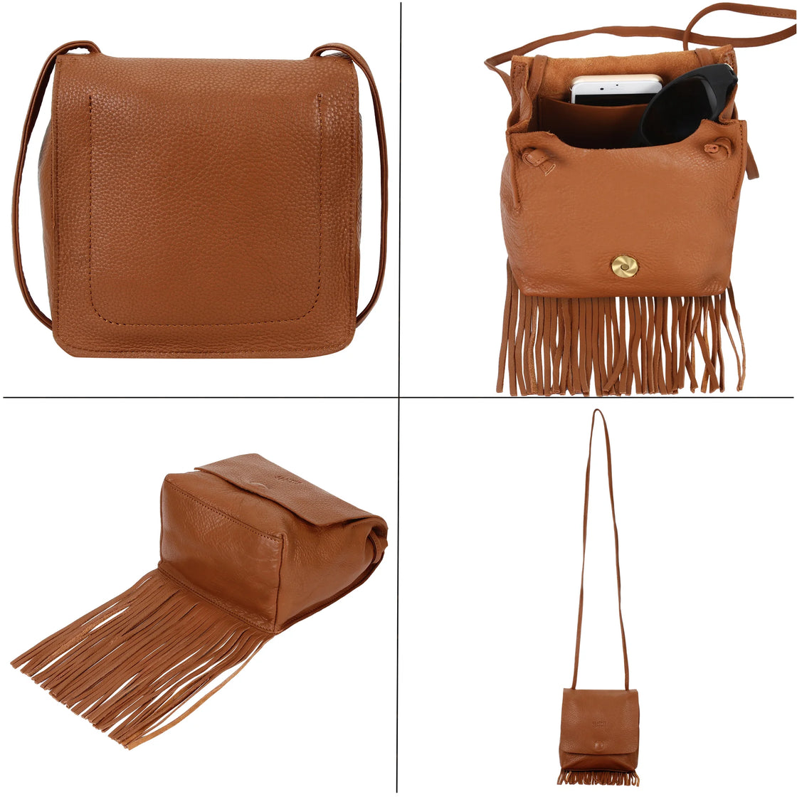 Leather Fringe Boho Crossbody Bag with Tassel for Women (Small, Brown)