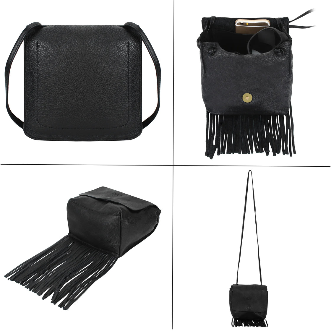 Leather Fringe Boho Crossbody Bag with Tassel for Women (Small, Black)